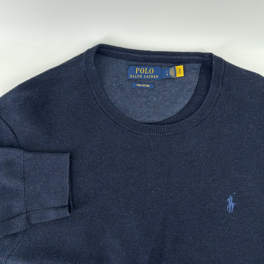 Polo Ralph Lauren Sweater Mens Large Navy Blue Pima Cotton Crewneck Knit Classic